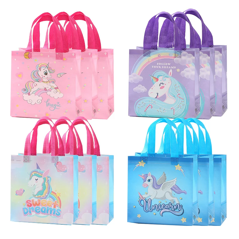 4Pcs Cartoon Unicorn Children Birthday Gift Bags Nonwoven Candy Snack Packaging Bag Pouch Girl Unicorn Birthday Party Decoration