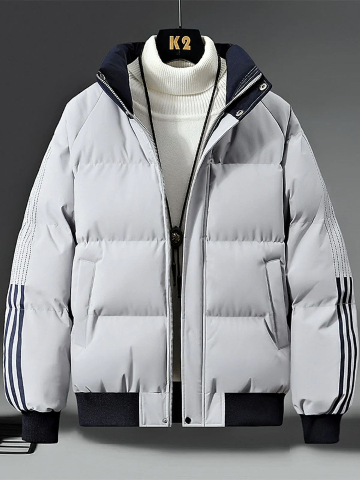 

Men's Thiened Cotton Jaet 2024 Winter Faion Striped Couple American Sle Stand Collar Warmth Outerwear for Youth