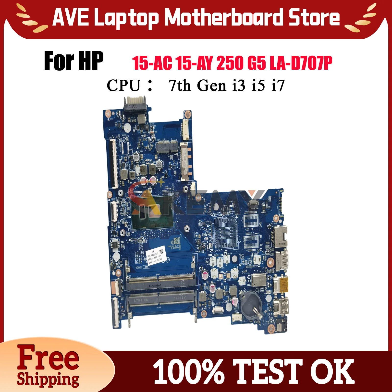 

LA-D707P Материнская плата для ноутбука HP Pavilion 15-AY с процессором i3 i5 i7 7-го поколения UMA 914598-601 914598-001 100% полностью протестирована