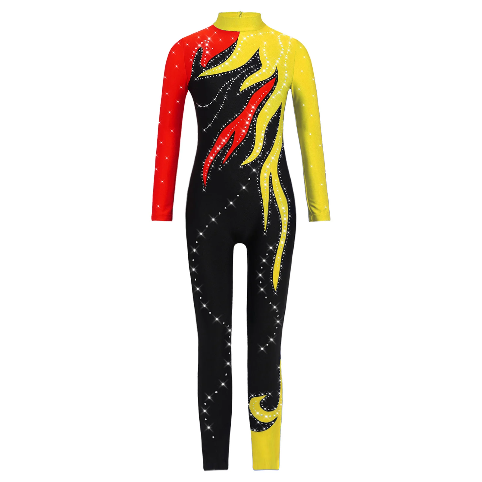 Kids Girls Color Block Ballet Gymnastics Performance Jumpsuit Long Sleeve Shiny Rhinestones Bodysuit Full Body Workout Leotard
