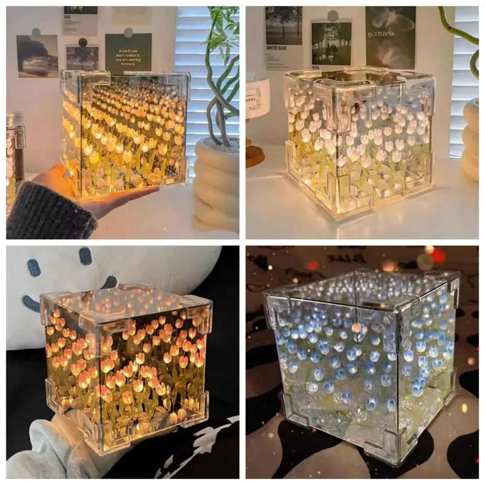 Creative Magic Cube Tulips Flower Table Lamp Acrylic Tulip Night Light 21 Flowers Mirror Birthday Gifts Excluding Gift Bags