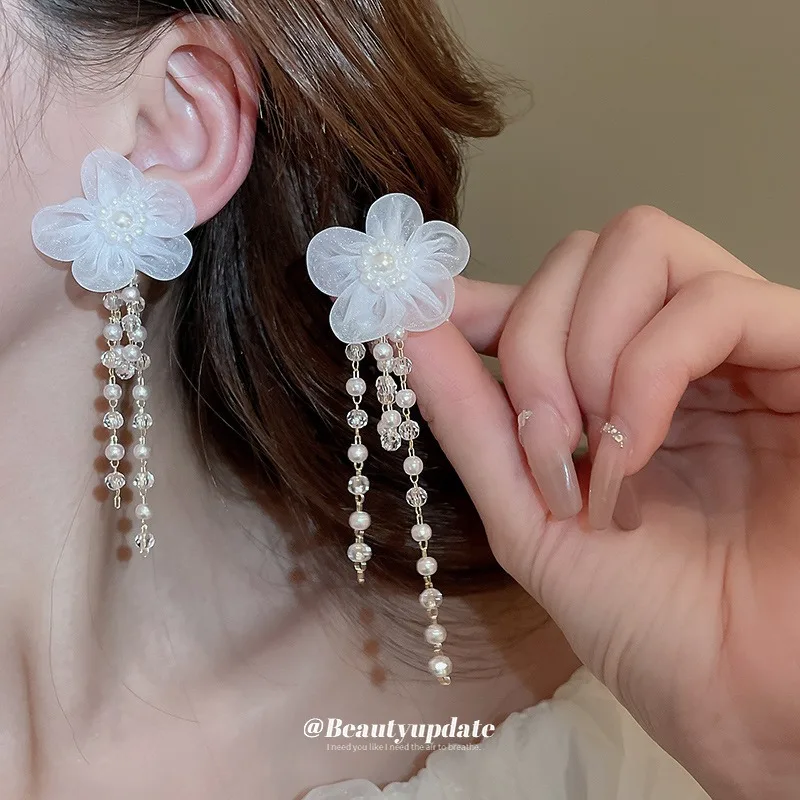 

Sweet White Flower Yarn Mesh Cloth Earrings Long Tassel Pearl Crystal Pendant Korean Fashion Women Party Jewelry trockenblumen