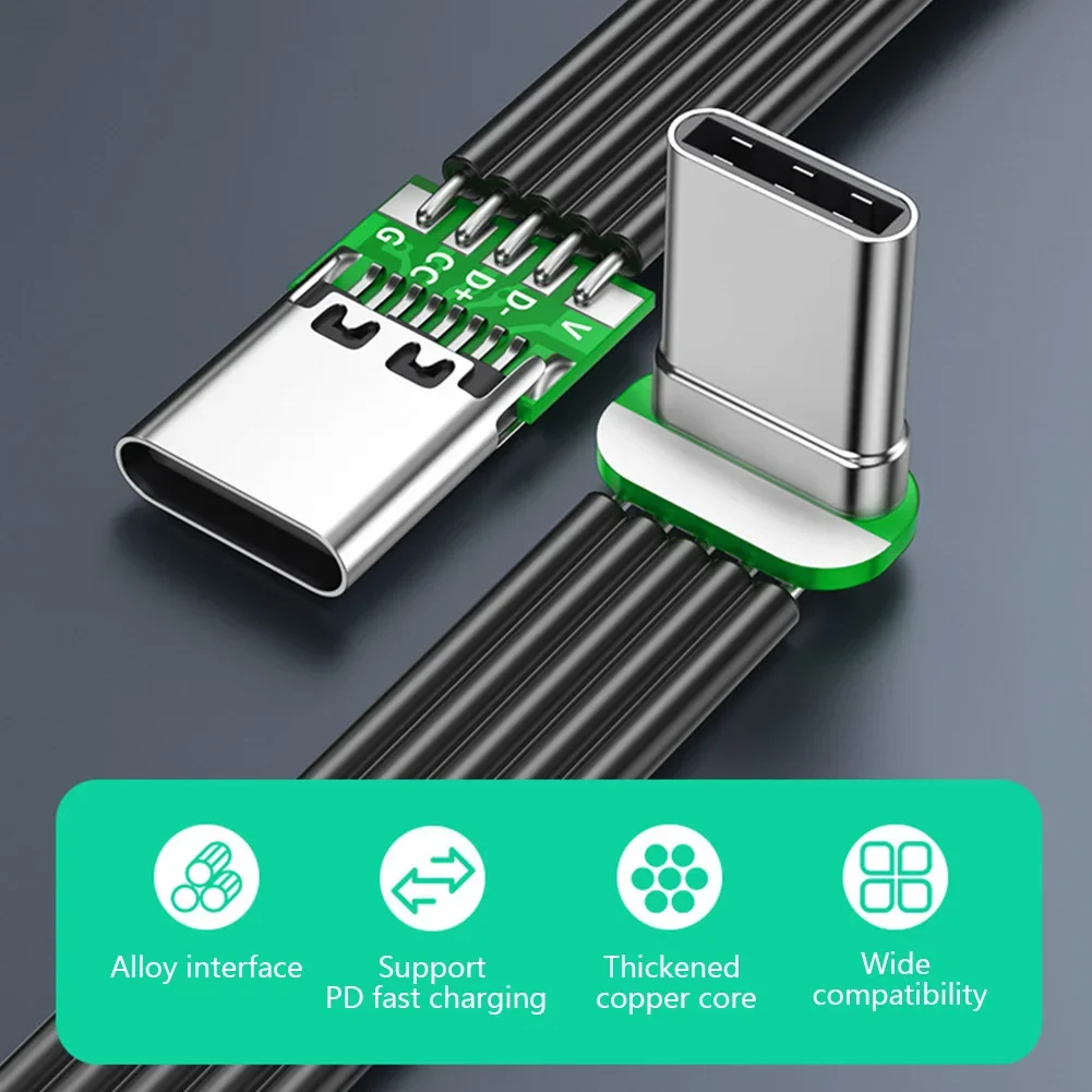 اكتب C إلى USB-C 90 °   كابل محول بزاوية قوة البنك كابل شحن PD مرن USB C بيند كابل سيليكون مسطح 2A 480 ميجابت في الثانية