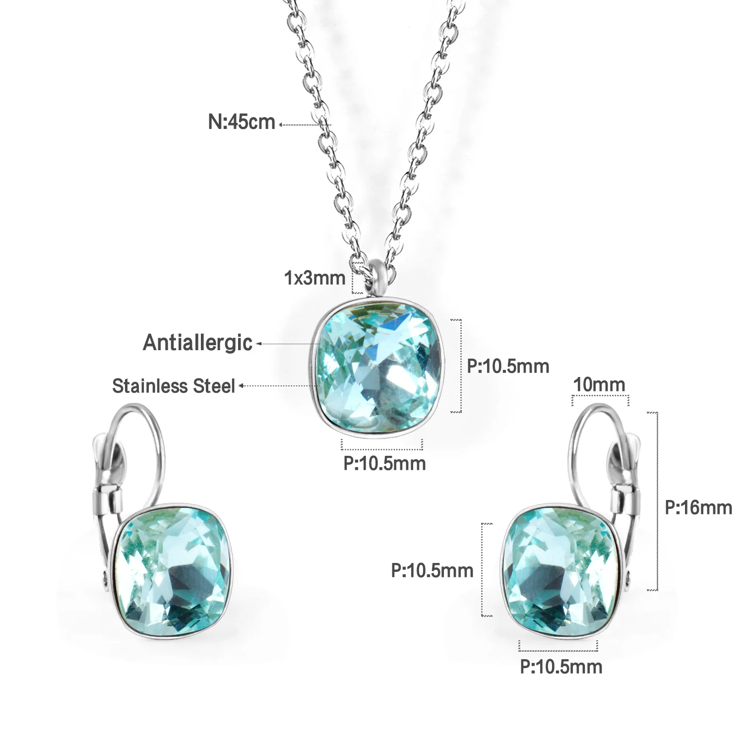 Square Multiple Color Crystal Pendant Necklace & Earrings Set