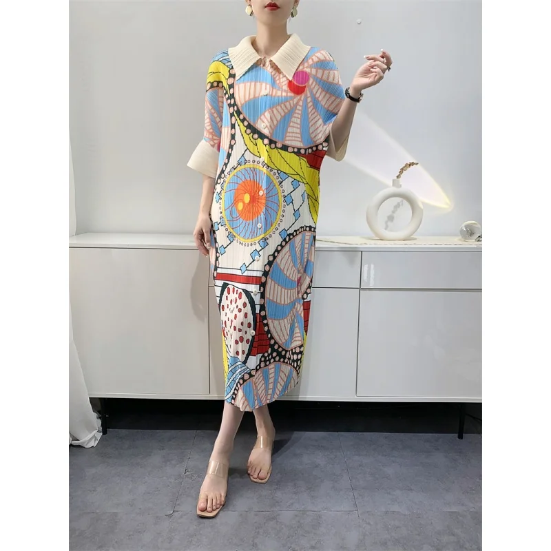 Boutique MIYAKE Pleated Style New Spring/Summer Printed 100 Loose Size Mom's Medium Length Pleated Dress [L-303]