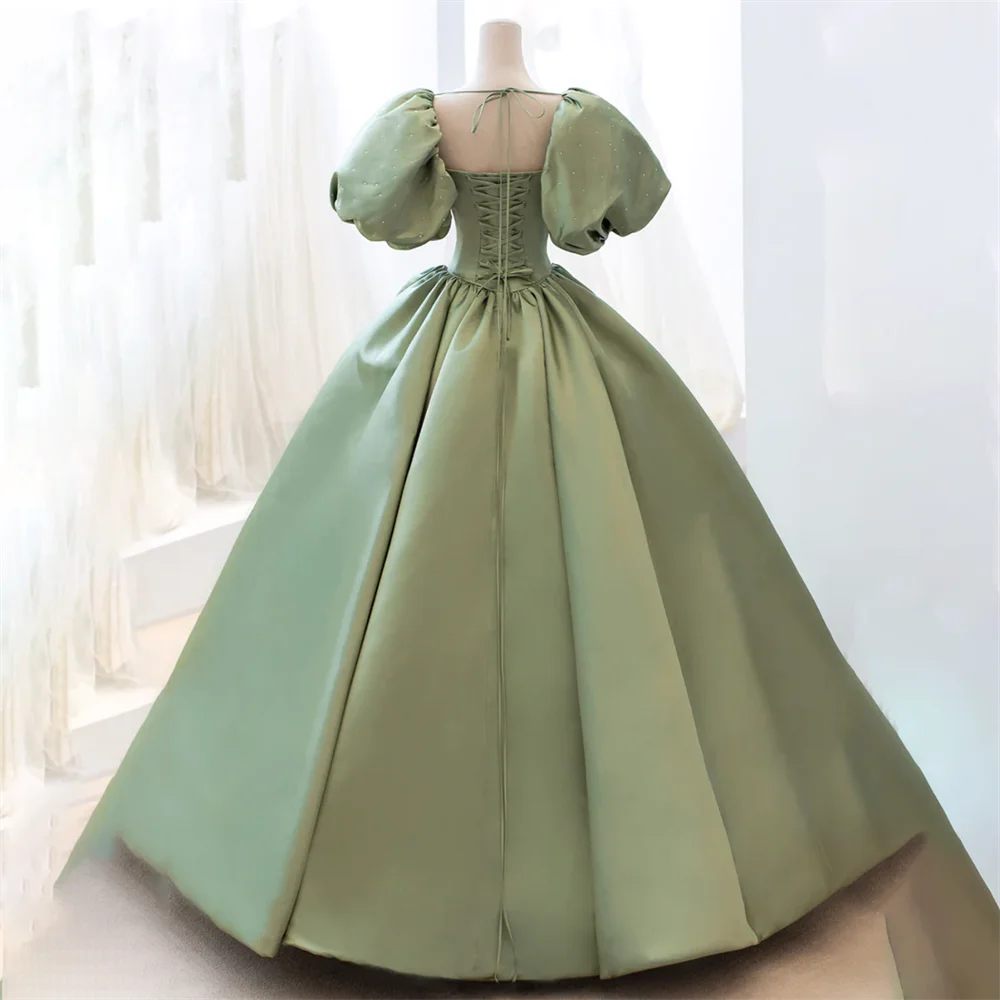 Lily A Line Puffy Sleeves Prom Dress Green Stain Party Dress Pleat Celebrity Gowns Beading Wedding Party Dress вечерние платья