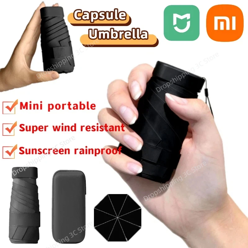 مظلة Xiaomi Ultra Mini مع طلاء أسود، جيب محمول مدمج، مطر الشمس، استخدام مزدوج، مظلة سفر خفيفة الوزن للنساء والرجال