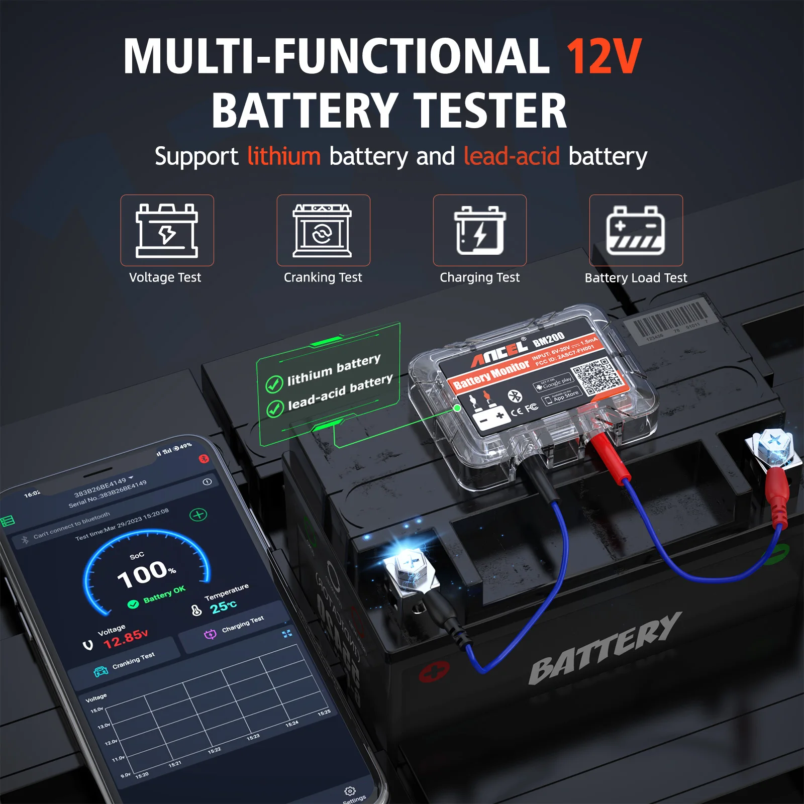 BM200 Multi-language 12V Battery Monitor Test for Lithium Lead-Acid Batteries Cranking Charging Test Alarm Record APP Support