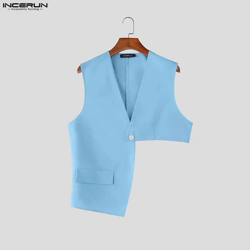 

Мужские жилеты INCERUN: однотонные, с V-образным вырезом, без рукавов, на одной пуговице, асимметричные, уличный стиль, модные повседневные мужские жилеты 2026