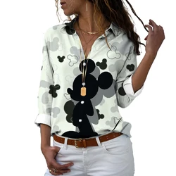 Disney-Camiseta de manga larga con estampado 3D para mujer, camisa informal con botones y solapa de Mickey y Minnie, estilo Harajuku, y2k, novedad de 2022