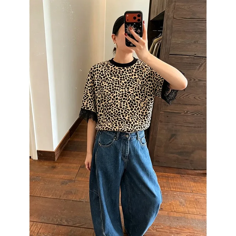 Loose Fit Patchwork Top with Leopard Print Round Neck Short Sleeve Casual Japanese Korean Casual Summer Daily T Shirt for Women
