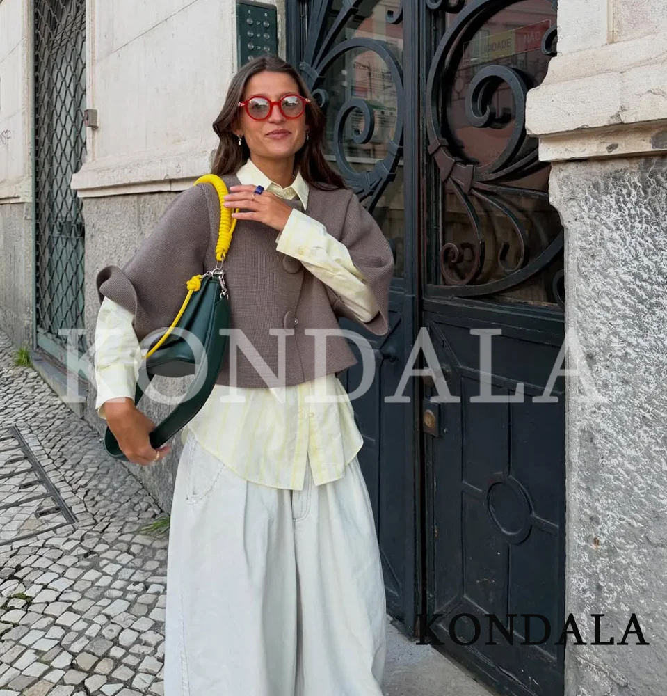 KONDALA Casual Chic Knitted Jacket Coat Women's Elegant Wide Sleeve Buttons Jacket New 2026 Spring Holidays Female Trendy Coat