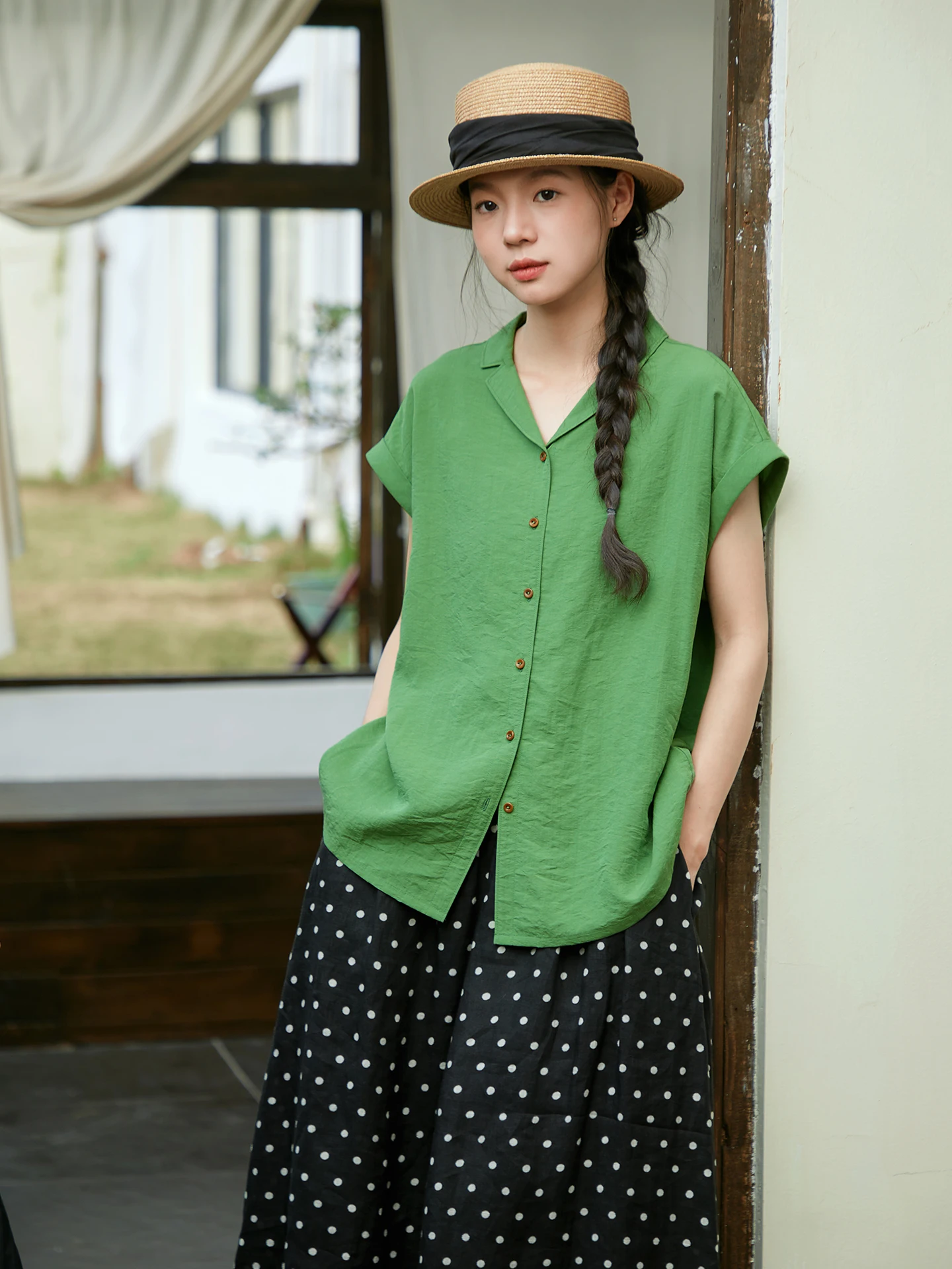 

Ретро-рубашка женская зеленая с воротником, летняя, с рукавами-крылышками, тонкая, из смесового лиоцелла и льна, свободного кроя, на пуговицах