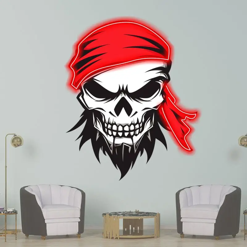 Ferocious Skull With Red Turban Neon Sign, Creative Wall Hanging Neon Light, Whimsical Gift, Halloween Decor