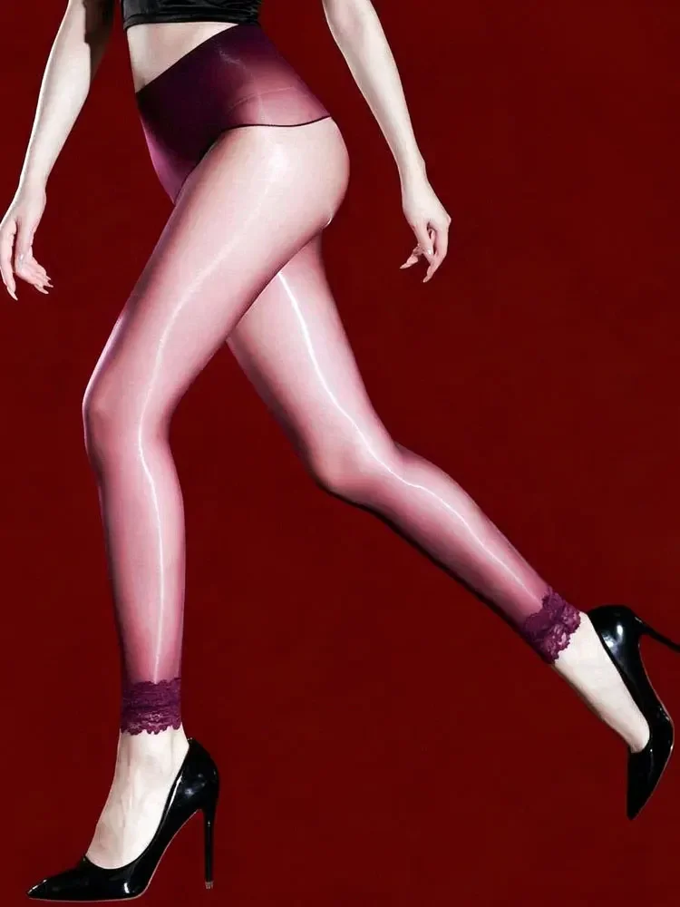 Sexy Nine Point Stockings Lace Side Patchwork Mouth High Elastic Oil Shiny Glossy Tights Women Shaping Nightclub Dance Pantyhose