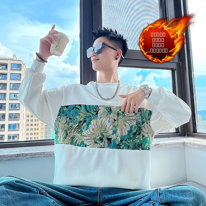 

Fce Lined Hoodie Men's Autumn Winter Trendy Patchwork Printed American Retro Overhead Jaet Men's Autumn Top