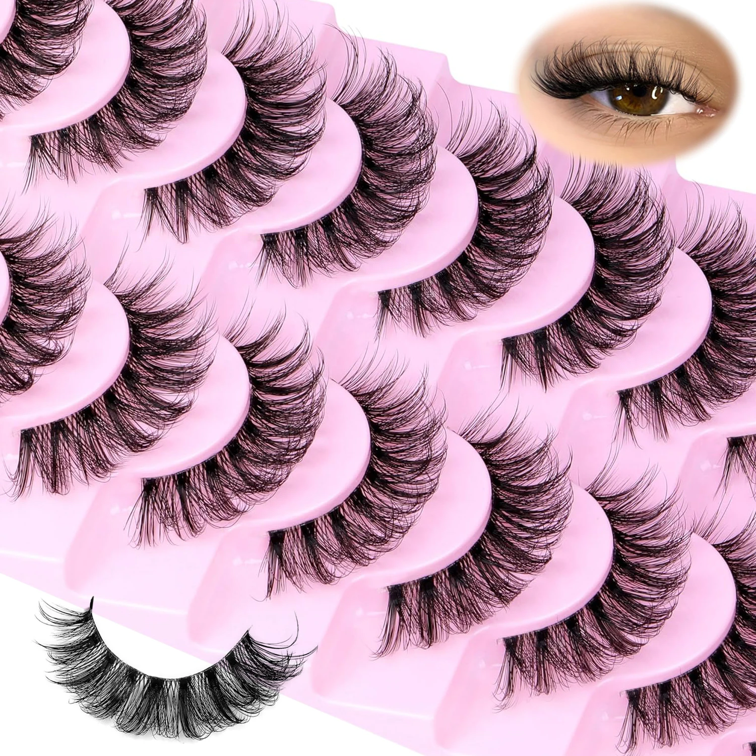 10 Pairs Natural Lashes Fluffy False Eyelashes Wispy Lashes 3D Volume Strip Lashes D Curl Fake Eyelashes with Clear Band Lashes