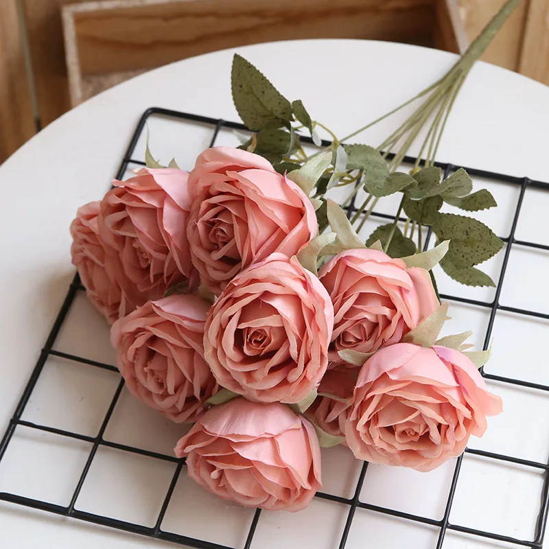 Artificial Rose Bouquet with 9 Heads, Home Furnishing, Hotel, Wedding Party, Desktop Flower Arrangement, Decoration Accessory