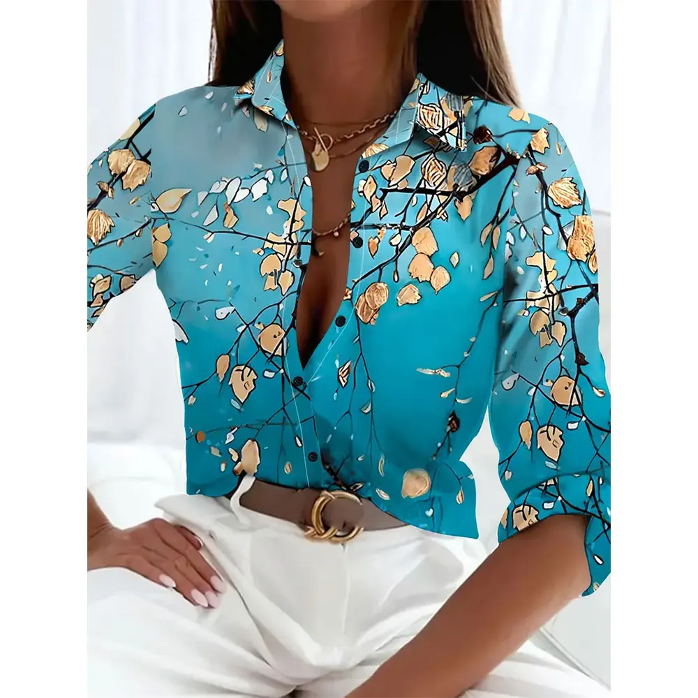 2024 New Fashion Women's Single-Breasted Shirts Fashionable 3d Leaf Printed Basic Tops Summer Casual Long Sleeve Shirts & Blouse