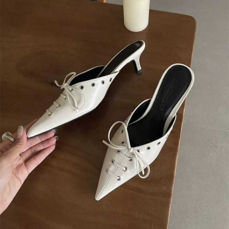 Fashion Lace Up Pumps Slides Women Medium Heels Mules Shoes New 2024 Female Pointed Toe Footwear 4cm Heels Ladies Shallow Shoes