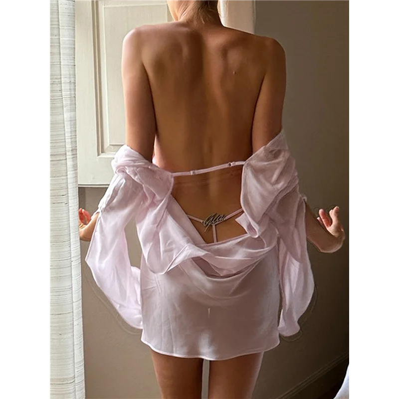 فستان ABP-Women's See Through قطعتين بأكمام طويلة ورقبة على شكل V بقماش شفاف فستان قصير بدون ظهر مكشوف