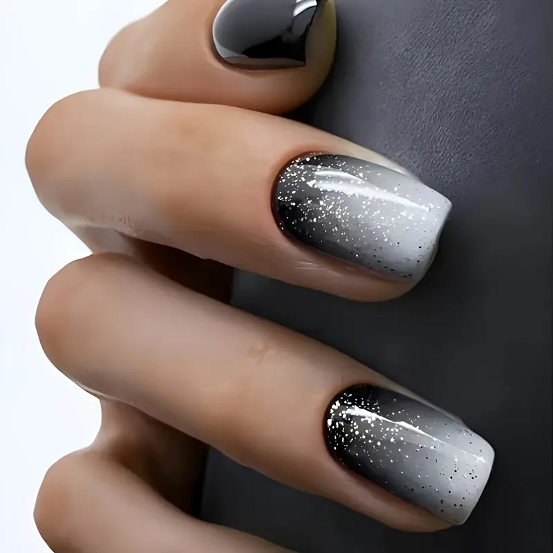 24pcs Gradient Black Full Cover Nail Tips Simple Wearable Short Square Fake Nails with Shiny Powder Design Press False on Nails