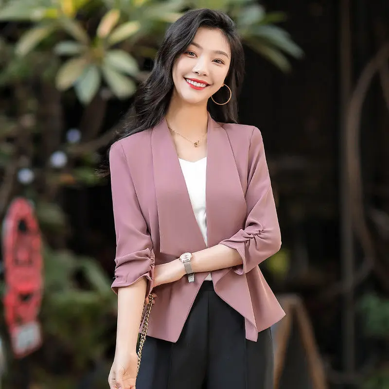 Intellectual Notched Loose Blazers Solid Color Cardigan Creative Temperament Office Lady Elegant Casual Women\'s Clothing Thin