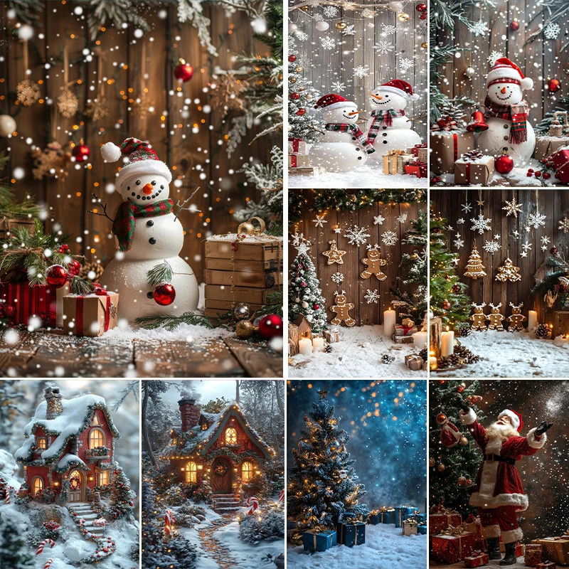 

Веселый Рождественский декор, фон для фотосъемки, город, снежная сцена, снеговик, пряничный человечек, Санта, Новогодняя вечеринка, фотофон, баннер