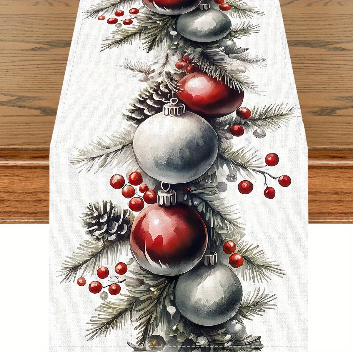 Christmas Wreath Table Runner Pine Holly Berry Bauble Pinecone Print for Dining Table Xmas Holiday Home Decor