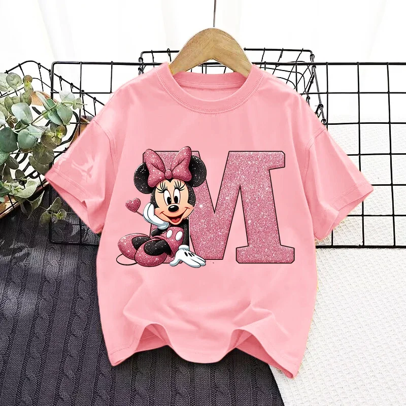 

Disney Mickey Mouse Children T-Shirts Anime Minnie Printed Letter Tops Cartoon Kids Summer Clothes Short Sleeves Pullover Tees