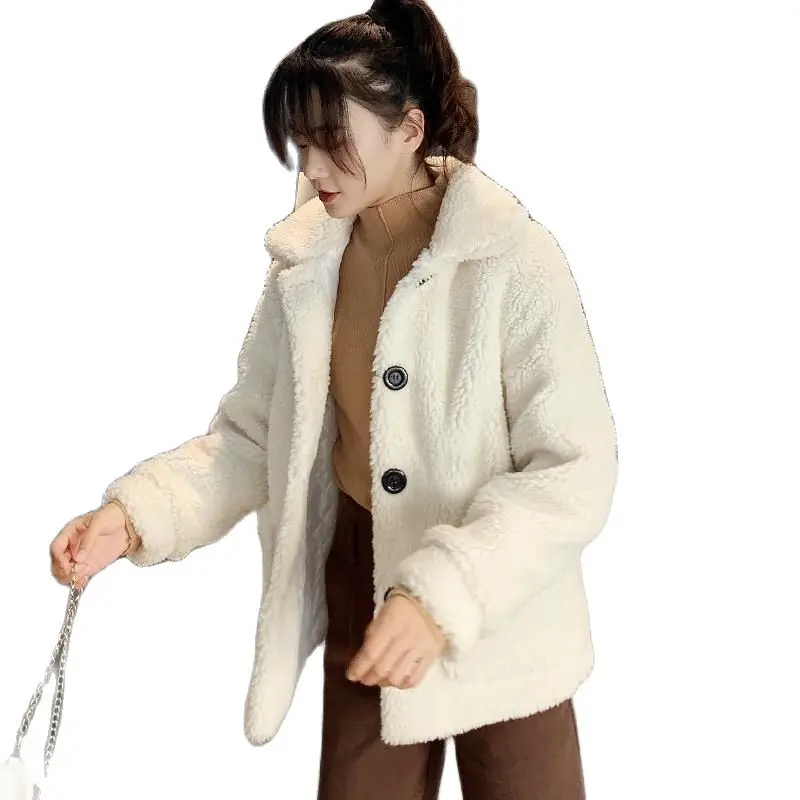 2023 Winter New Haining Imitation Lamb Fur Coat Female Korean Loose High-necked Granular Shearling Short Coat Thickened Cardigan