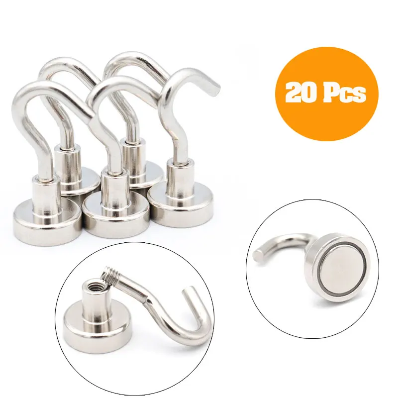 

20 Pcs 16mm Ferrite Magnetic Hooks N38 Neodymium Hold 5.5kg Strong Magnetic Hooks Heavy Duty Wall Hooks Hanger For Key Coat Cup