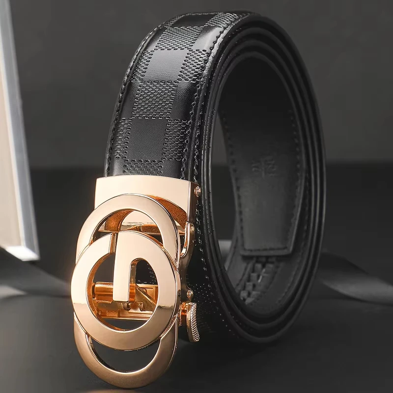 Fashion Men Automatic Buckle Belt Retro Embossed Pattern Auto Lock Buckle Adjustable Waist Strap for Suit Pants Jeans Outfits