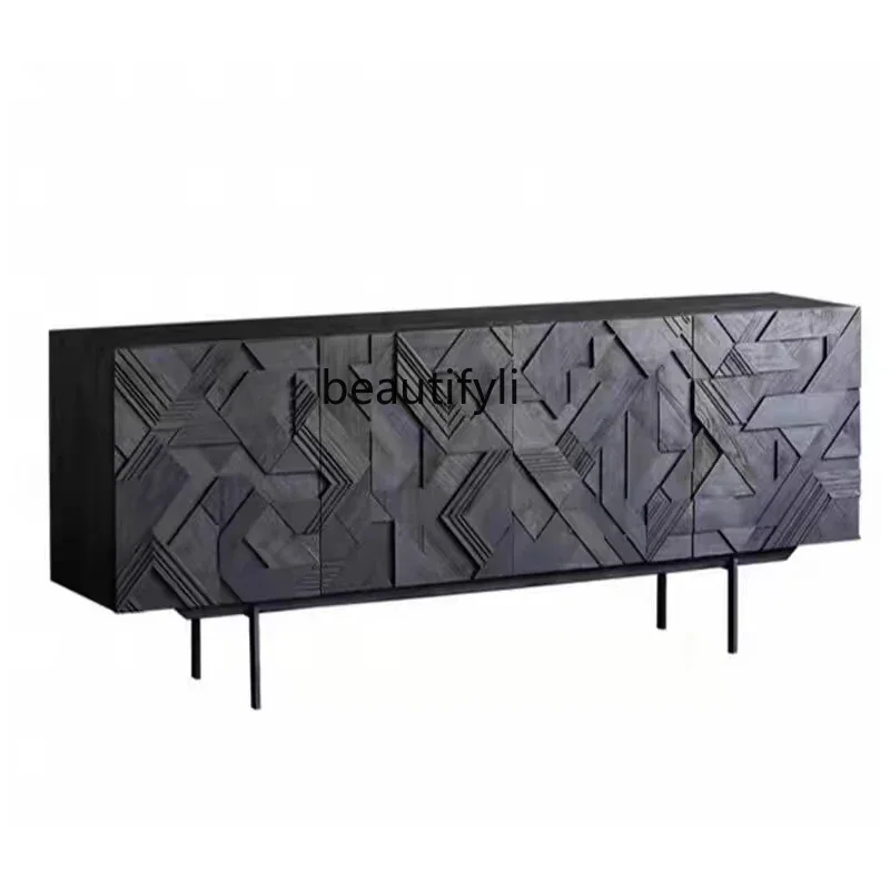 

Affordable Luxury Style Private Carved Sideboard Cabinet Mid-Ancient Miji Locker TV Cabinet Black Oak Color Entrance Cabinet