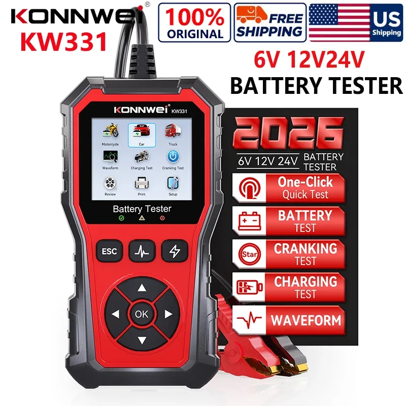 2026 KONNWEI KW331 Car Battery Tester 6V 12V 24V 100-2000 CCA Battery WAVEFORM Cranking Charging Circut Analyzer Battery Tool