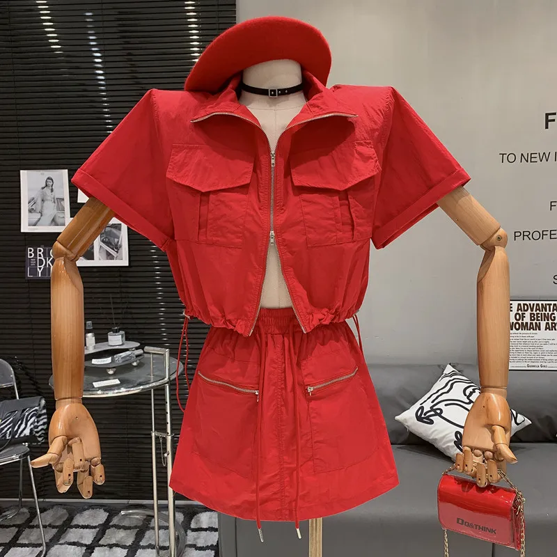 

Casual workwear pocket stand up collar zipper loose short top+drawstring high waisted A-line skirt two-piece set