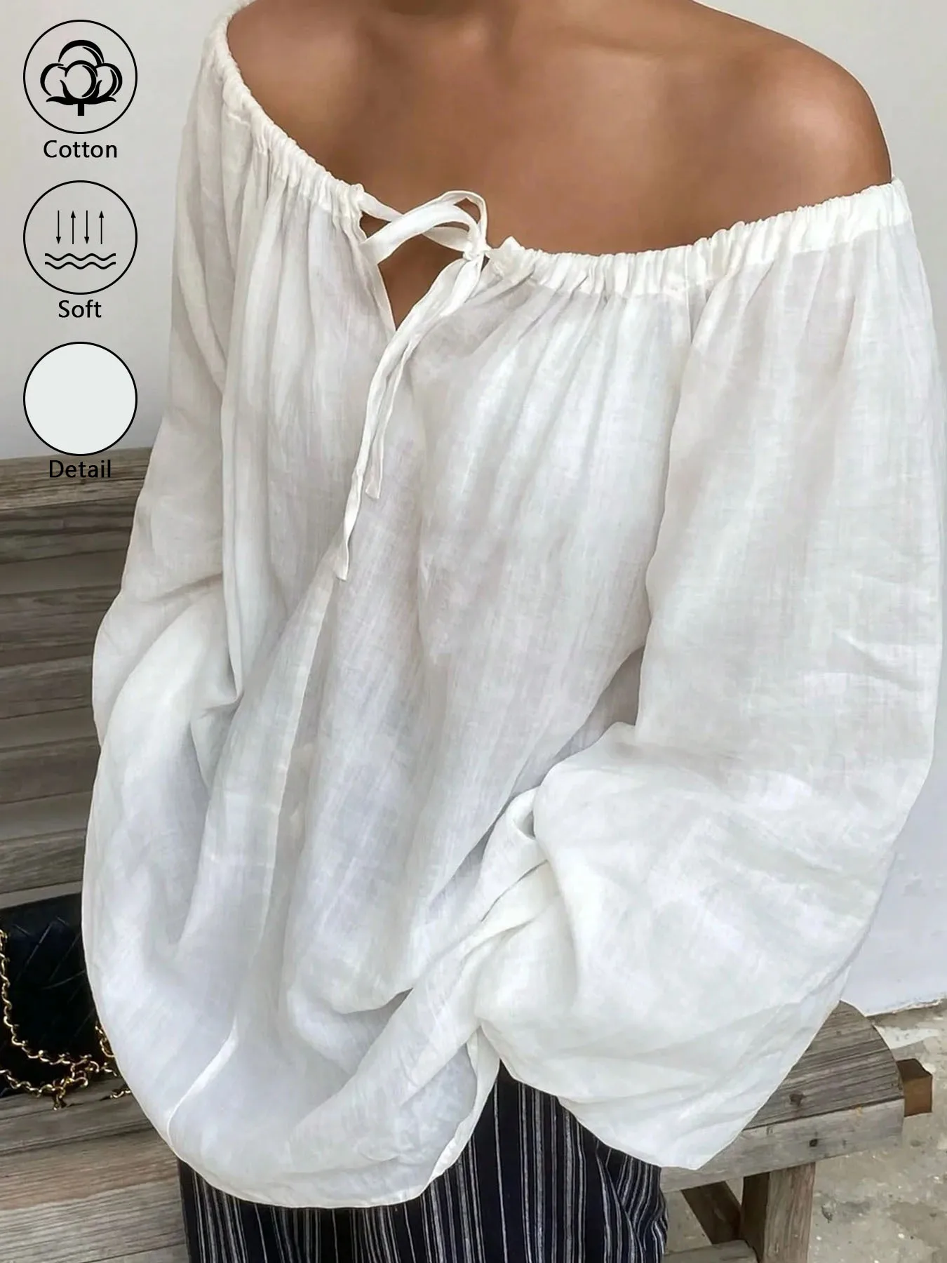 Damen-Bluse aus 100% Baumwolle mit schulterfreiem Design, Laternenärmeln, verstellbarem Bindekragen und elastischem Design. – Detail 4