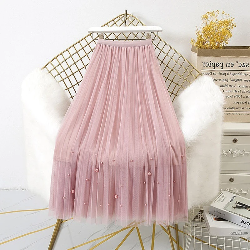 2024 Summer New Style Mesh Skirt Women's Skirt Women's Mid-length Pleated Skirt Large Swing Skirt Women