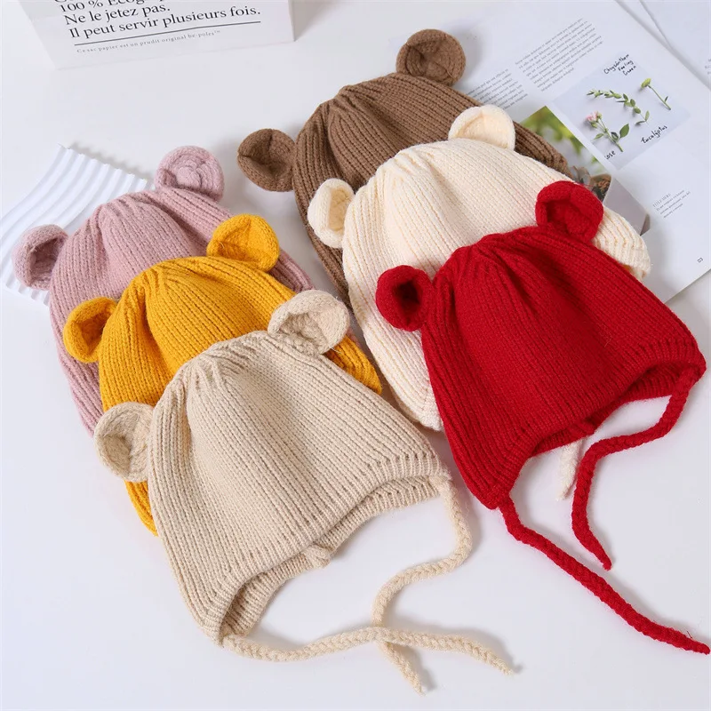 Cute Bear Crochet Baby Hat Soft Pompom Infant Girls Boys Cap Beanie Solid Winter Kids Knitted Warm Ear Protection Bonnet Hat