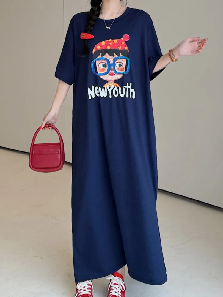 Abito lungo estivo allentato in cartone animato da donna Taglie forti Girocollo coreano Manica corta Stampa Abito t-shirt grande da donna