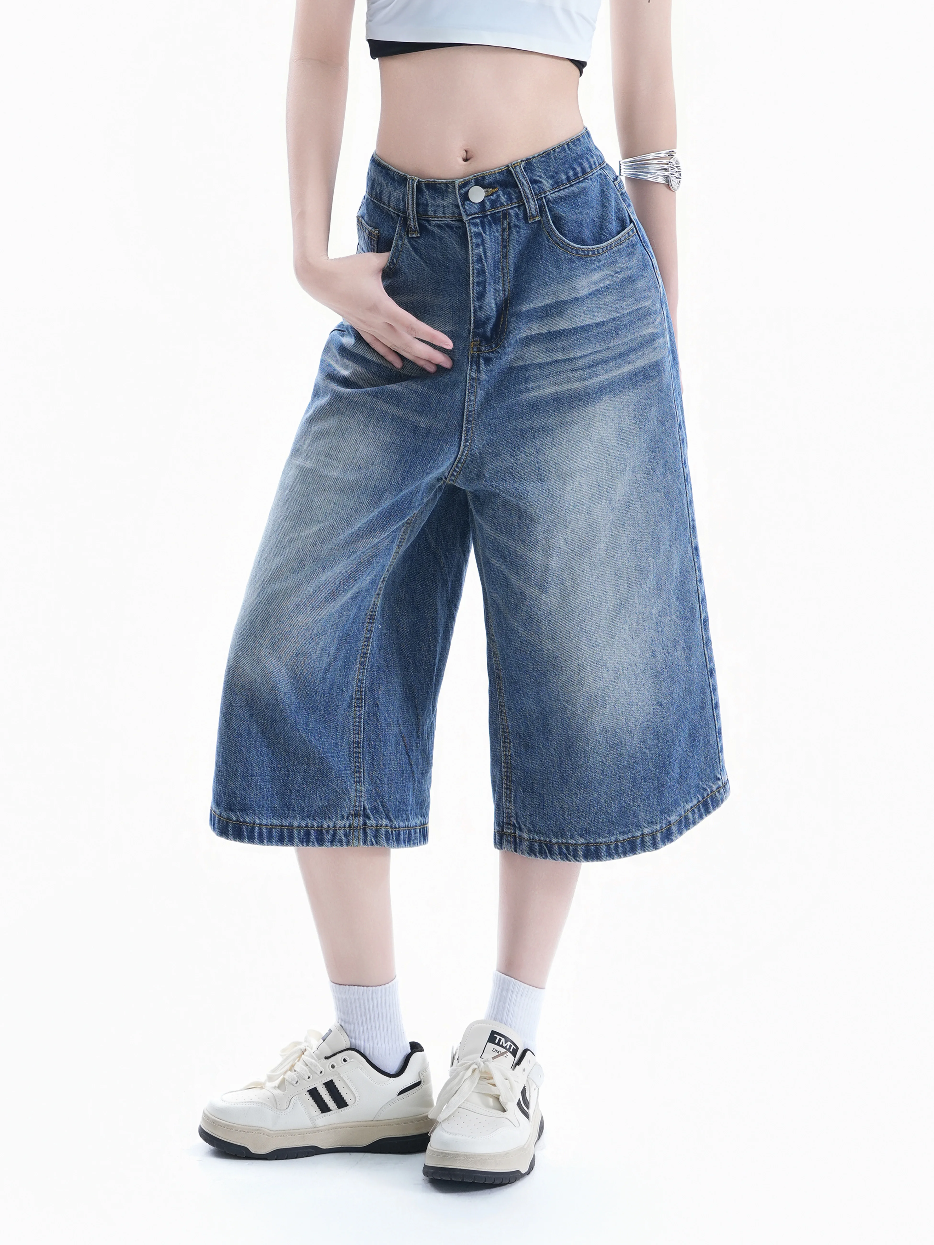 

Small Ball American Lazy Style Distressed Jeans Loose Wide Leg Mid-Calf Casual Pants Couples Summer Cotton Natural Waist