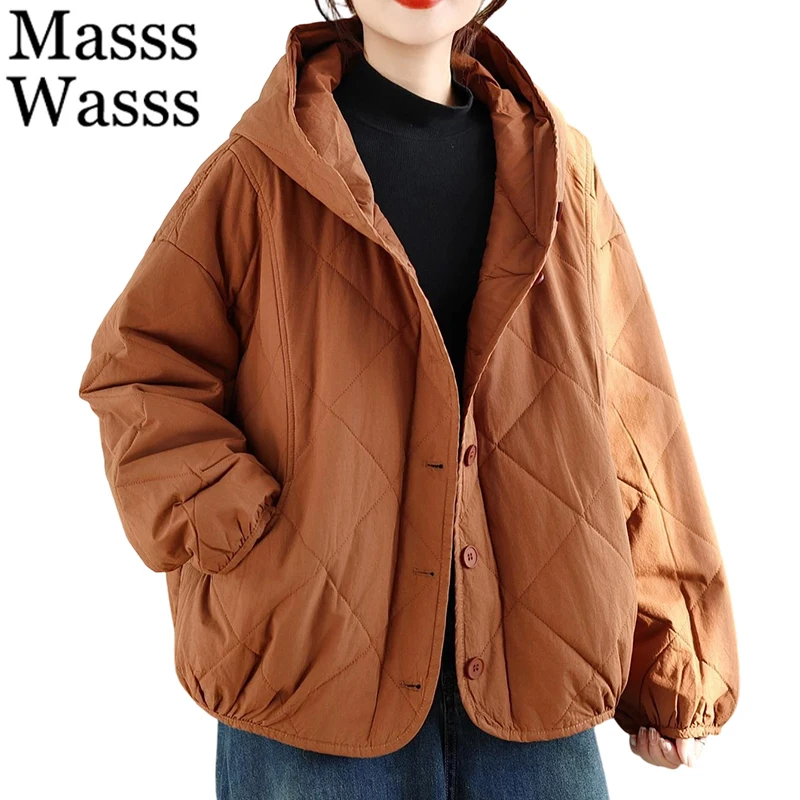 

Mass Wasss 2025, корейские парки с капюшоном, женские зимние модные свободные теплые стеганые куртки, женские классические повседневные винтажные однотонные пальто
