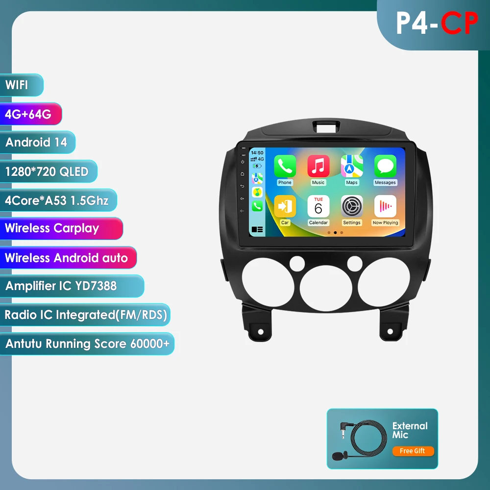 360 Camera 2Din Android 14 Autoradio Voor Mazda 2 2007 2008-2014 Auto Multimedia GPS 4G Carplay intelligente Scherm autoradio 6115 - afbeelding 1
