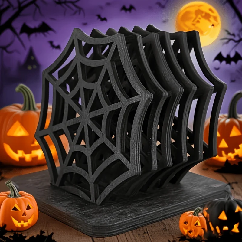 7pcs Halloween Wooden Coaster Set Heat-Resistant Hollow Spiderweb and Alien Table Mats Kitchen Decor Spooky Party Table Setting