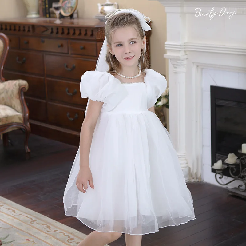 

Girl's Dress Baby White Flower Girl Princess Dress Little Girl's High-End Dress Western Style Children's Bubble Skirt