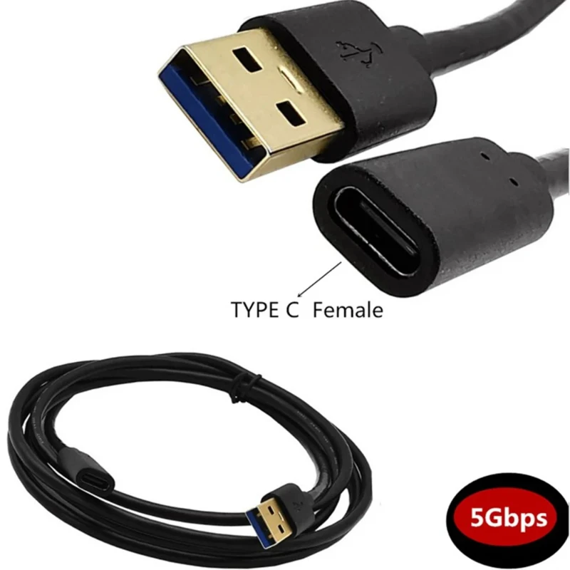 Gold Plating Tipo C Cabo de Extensão, Masculino e Feminino Fio, Carregamento e Linha de Dados, USB 3.1