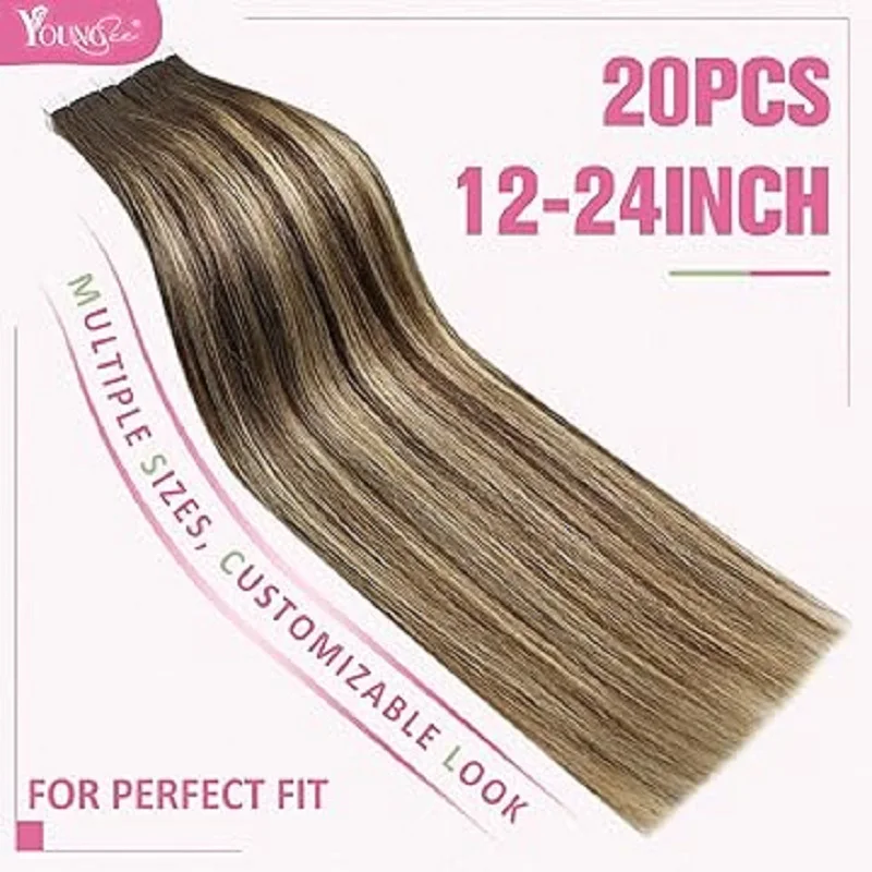 YoungSee Tape in Hair Extensions Echt haar Steil Naadloze huidinslag 100% echt haar Tape in 12-24 inch