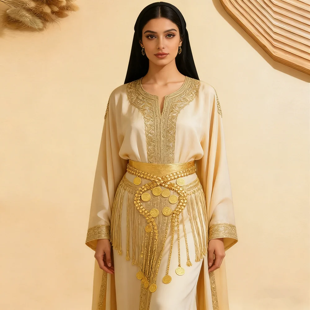 Arabian Elegant Gold Plated Bride Waist Belt with Hollow Coin Tassel Luxury Body Chain for Party Performance