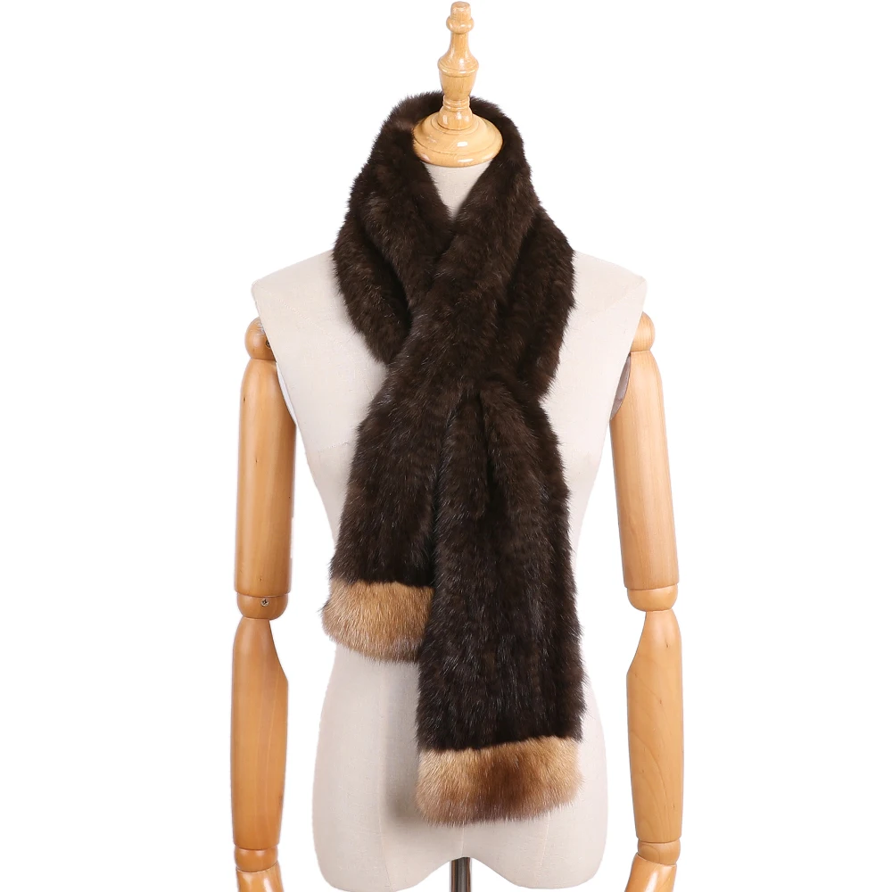 Luxury Women's 100% Real Sable Fur Knitted Scarf Natural Mink Scarves Lady Fahion Winter Wraps Girl Solid Neckercheif 120cm Long