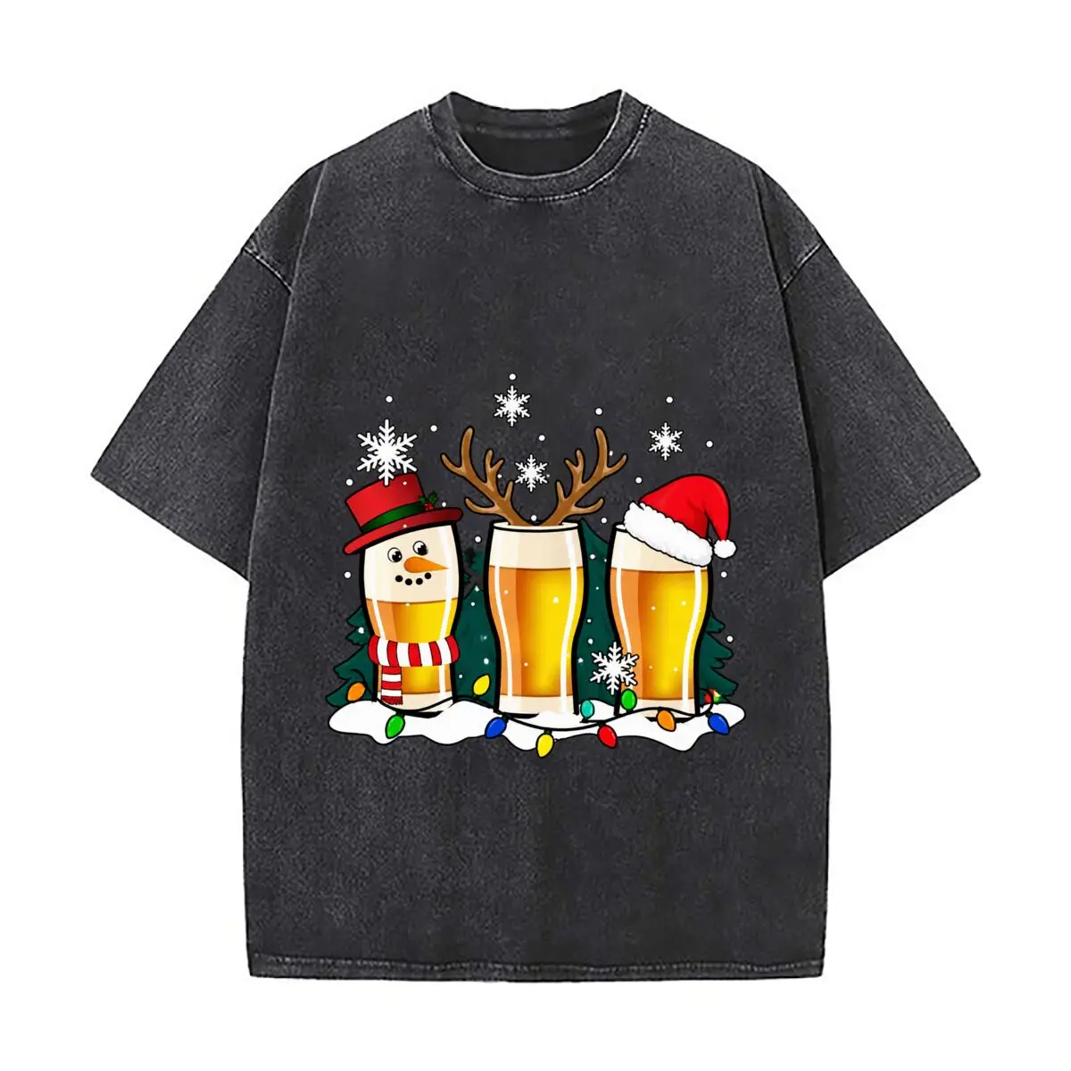 Christmas Beer Pints Snowman Reindeer Santa Snowflakes Lights Vintage Distressed Loose Streetwear Tops for Campus Days
